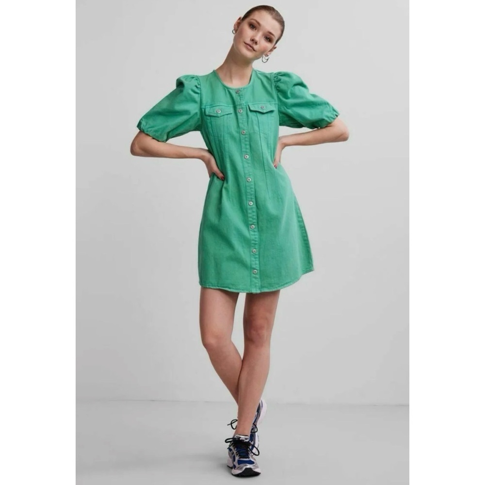 Green Puff Sleeve Button-Down Denim Dress